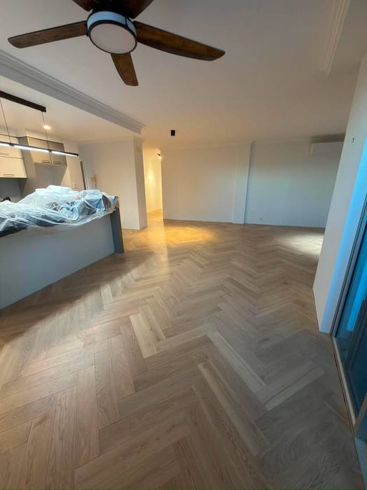 Engineered timber flooring, herringbone pattern.