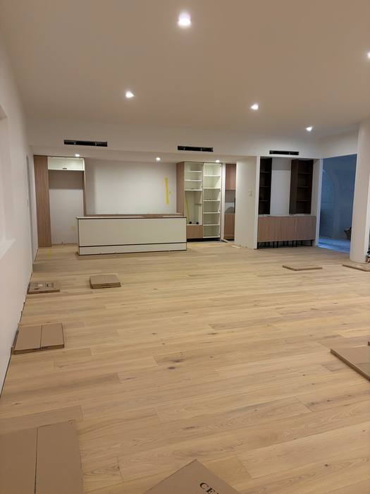 Engineered timber flooring, straight lay.